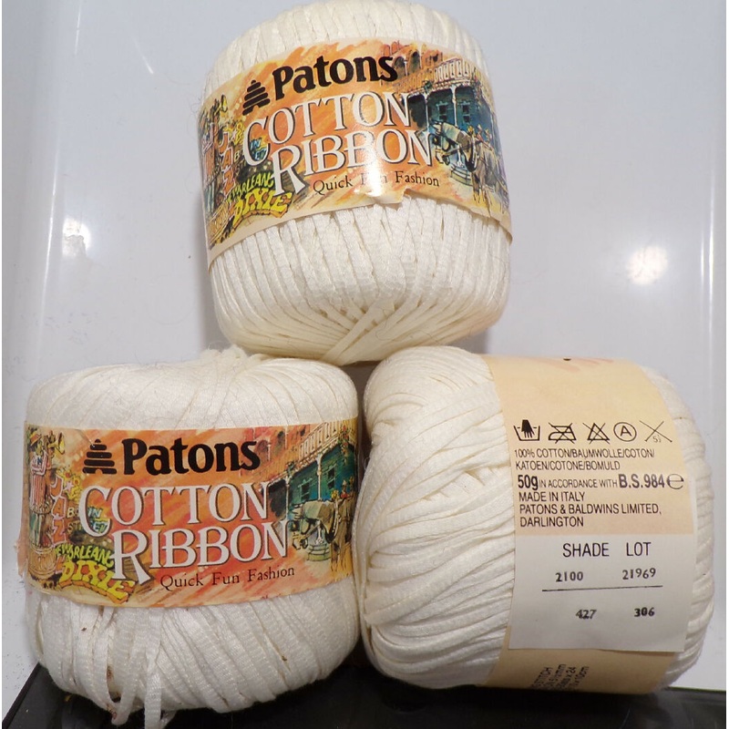 Patons 'Cotton Ribbon' White; Cotton; 2100/21969; Lot of 3 Balls