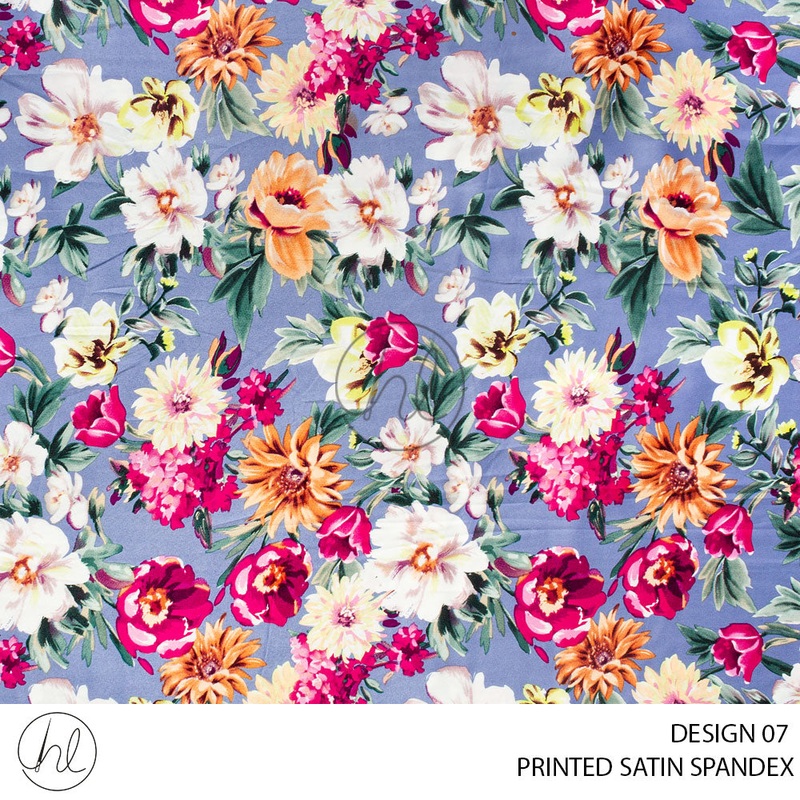 Printed 50D Satin Spandex 51 Blue Design 07 150cm Per M