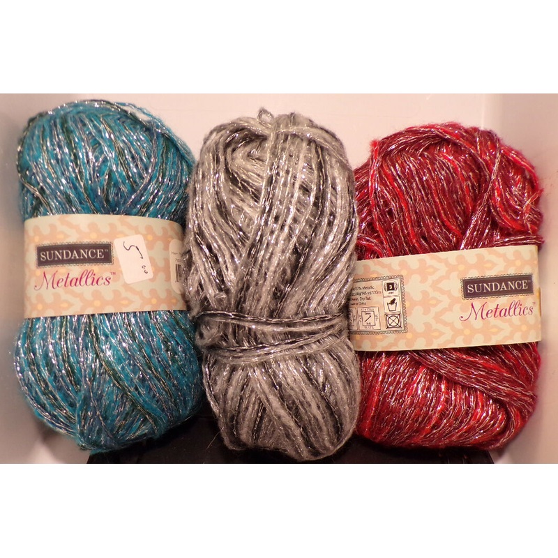 Sundance 'Metallics', 1 Full Skein in Blue, and Partials of Red & Grey