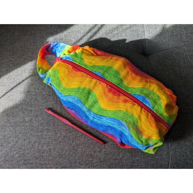 Hand made project bag in reverisible cotton, red and rainbow
