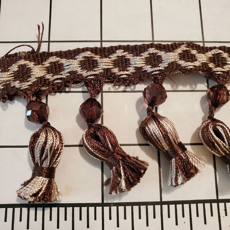 Tassel trim beaded woven, '70's reclaimed brown and cream