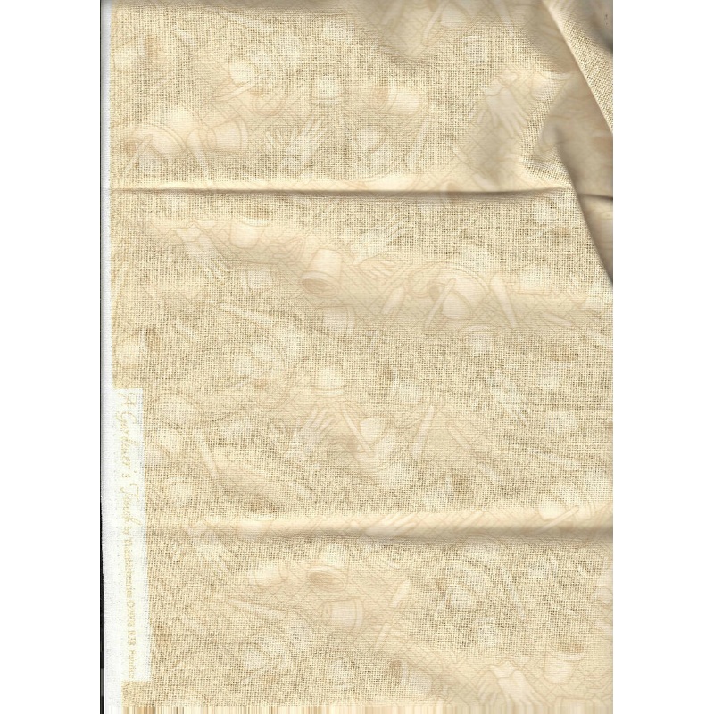 A Gardener's Touch by Thimbleberries, Gardening tools print on Tan fabric - 1 yard cotton