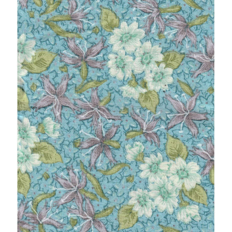 FABRIC Lilac and White Flowers on Blue 2 yds #43a