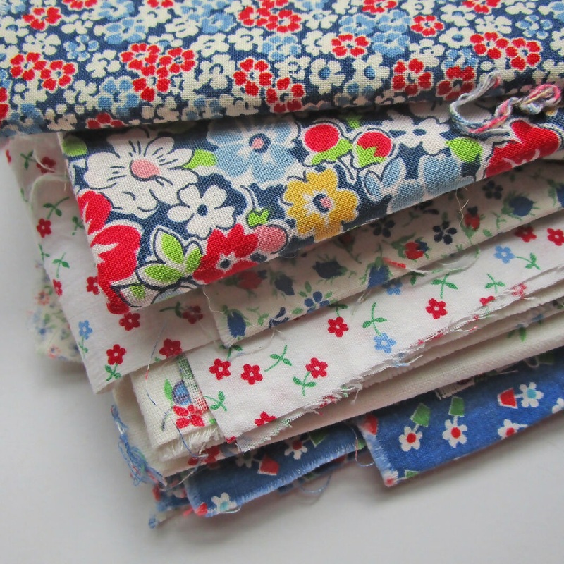 Mixed Lot Cotton Quilting Fabric Scraps, Blue and Red Florals, 12.9 Ounces