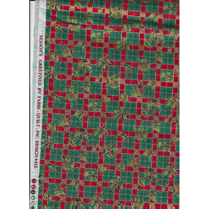 Season's Greetings by Fabri-Quilt, holly with red strip green blocks - 1 yard cotton