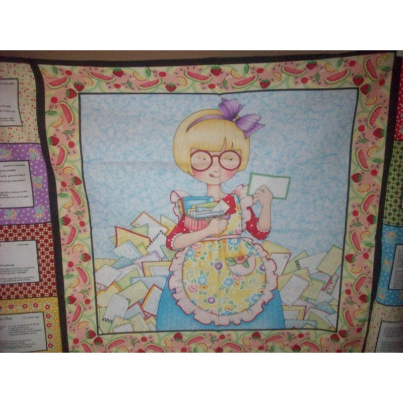 Young Lady Cooking with Receipts on cotton panel by Mary Engelbreit for VIP