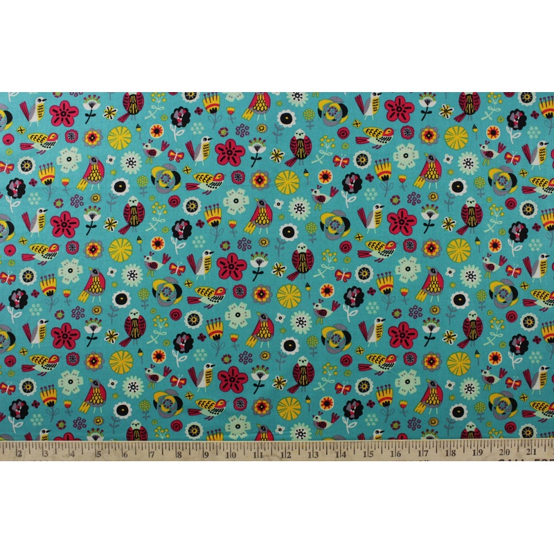 Emma & Mila Birds of a Feather Fabric in Turquoise for Camelot Fabrics