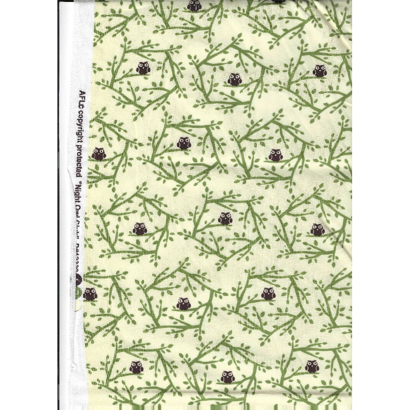 Night Owl Club, brown owl in green branches on yellow fabric - 1 yard cotton