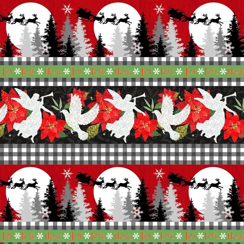 Winter Elegance Angels & Poinsettias Border Print FLANNEL