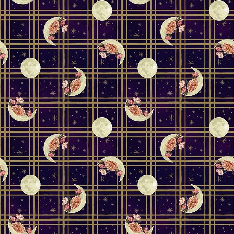 Midnight Rendezvous Dark Purple Moons with Flowers on Plaid