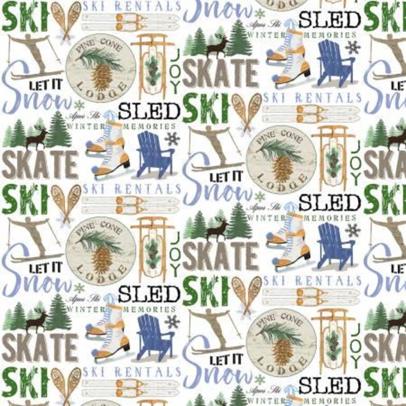 Pine Cone Lodge Multi Words & Winter Motifs Flannel