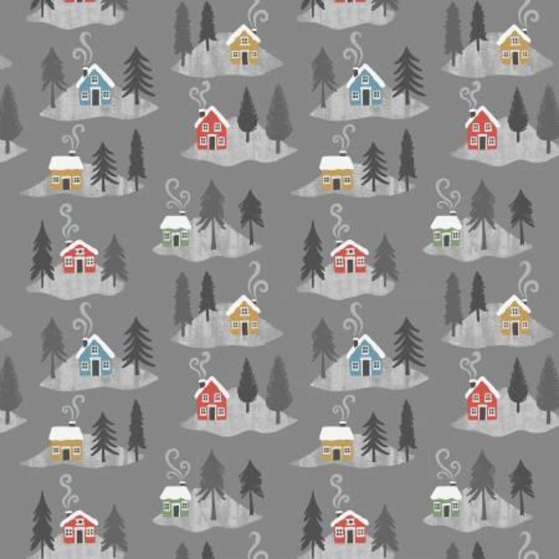 Snow Day houses on grey on flannel