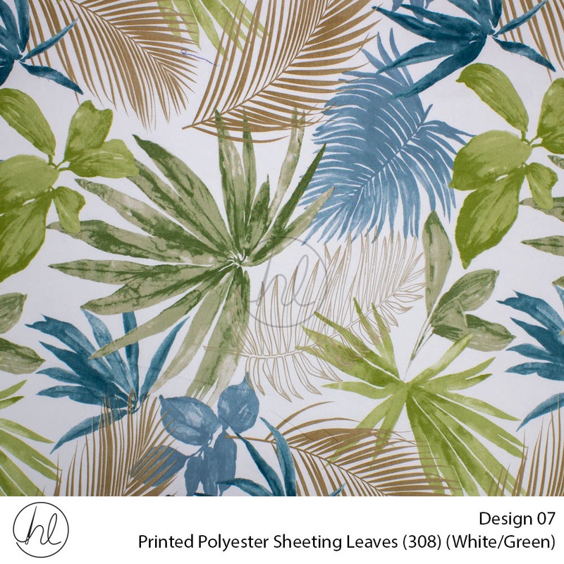 Printed Polyester Sheeting 240cm Leaves White/Green Per m