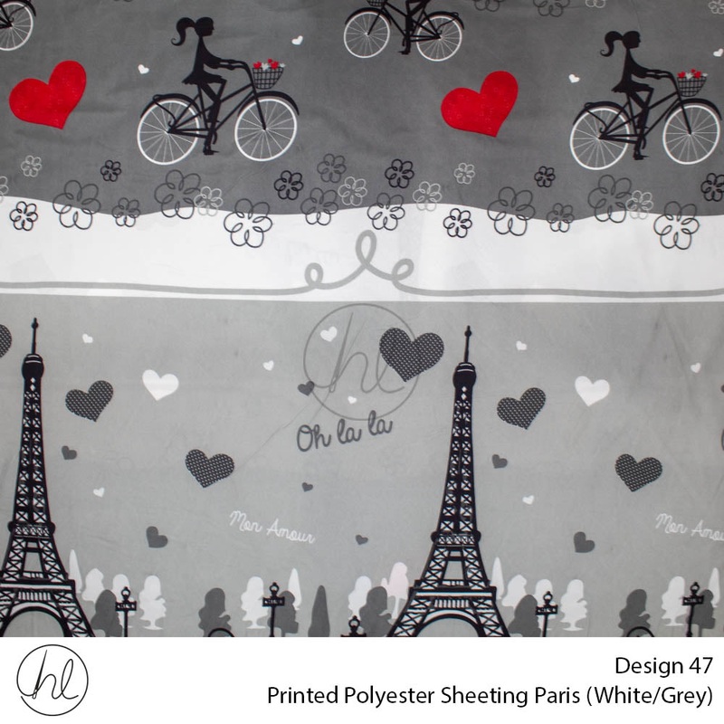 Printed Polyester Sheeting 240cm Paris White/Grey Per m