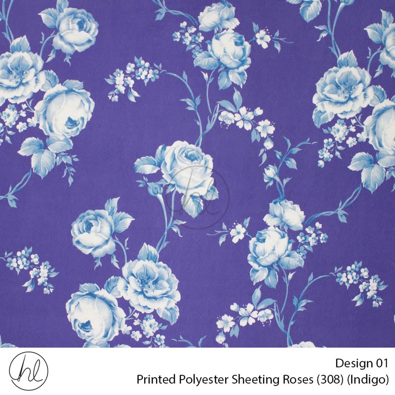 Printed Polyester Sheeting 240cm Roses Indigo Per m