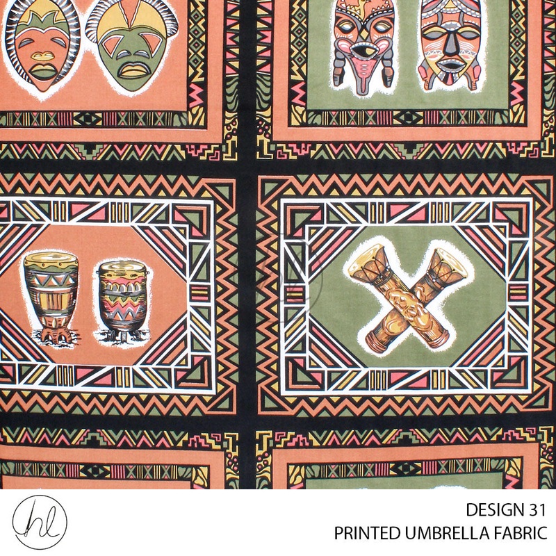 PRINTED UMBRELLA FABRIC AFRICAN RHYTHM DESIGN 31 GREEN/BROWN 235CM PER M