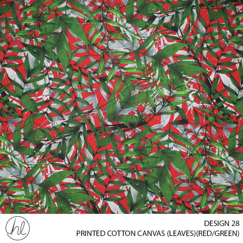 PRINTED COTTON CANVAS DESIGN 28 150CM PER M RED/GREEN LEAVES