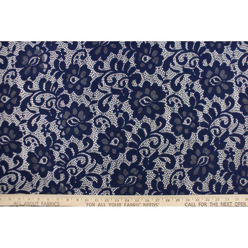 Stretch Lace Fabric in Scalloped Navy Blue