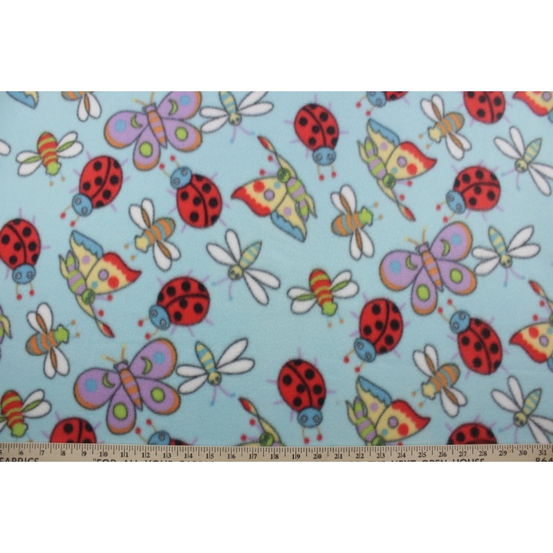 Ladybug Fleece Fabric in Aqua