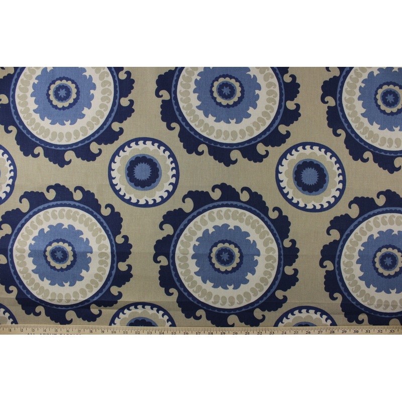 Duralee Fabric Ponderosa Suzani Madallion Fabric in Bluestone