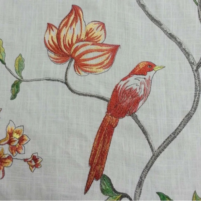 Laurel  Birds and Botanicals Embroidered Fabric in Mandarin