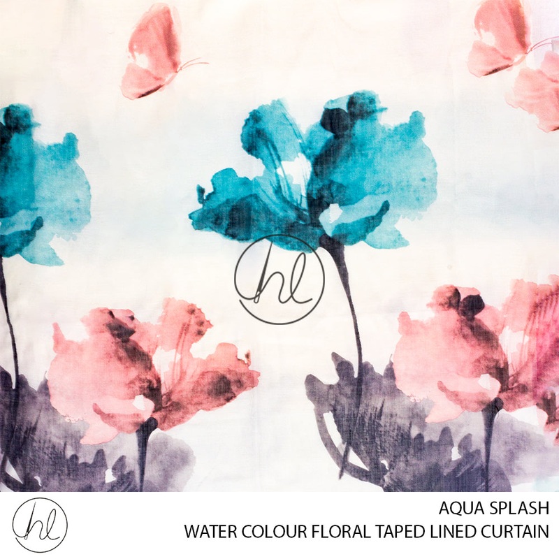TAPED LINED READY-MADE CURTAIN WATER COLOUR FLORALS AQUA SPLASH 225X218CM