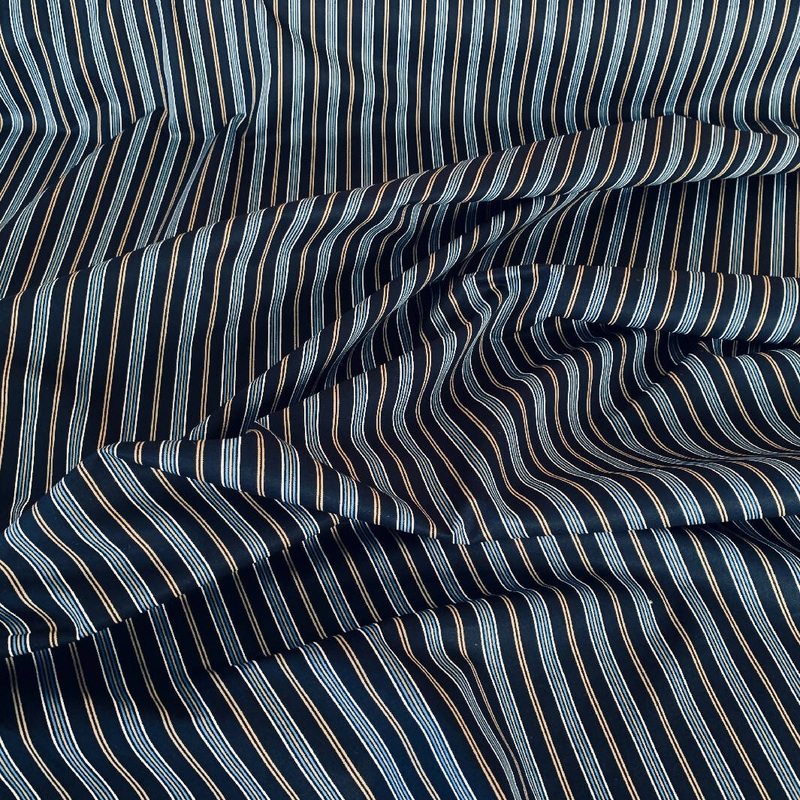 Navy Blue, Sky Blue, Tan and White Striped Cotton Woven