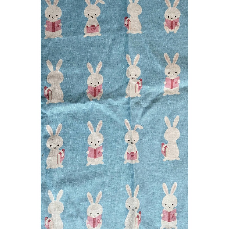Rabbits Reading Books Soft Canvas Fabric in Light Blue (21.5X15 in * 2 pieces available)