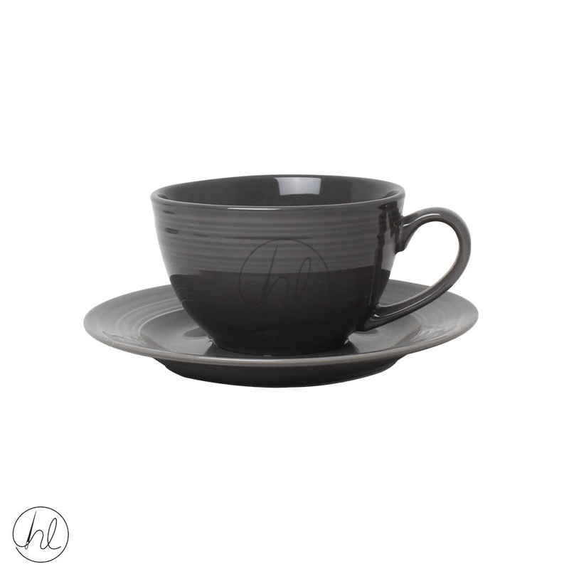JENNA CLIFFORD CUP AND SAUCER EMBOSSED LINES DARK GREY JC-7070