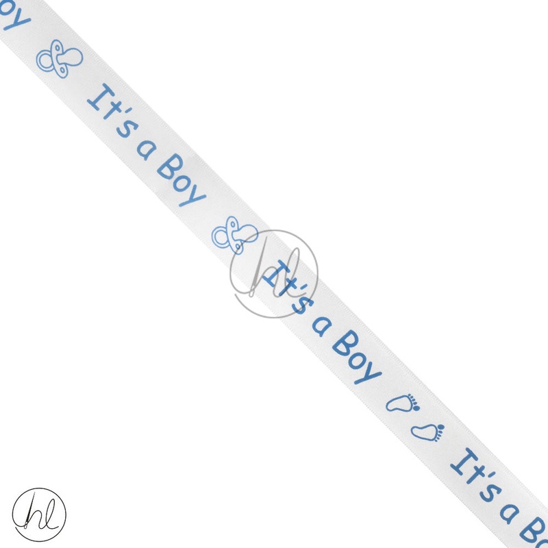 BABY SATIN RIBBON ITS A BOY WHITE 20MM PER M