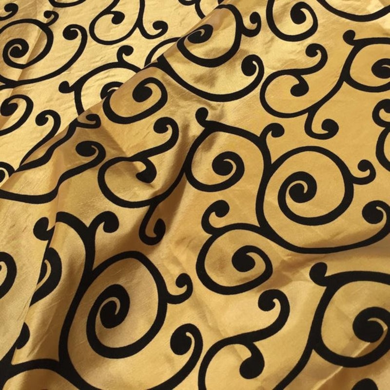 Swirl Flocking Taffeta Wholesale Fabric in  Black on Gold