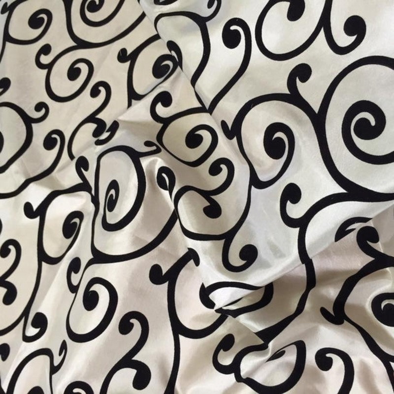 Swirl Flocking Taffeta Wholesale Fabric in  Black on Ivory