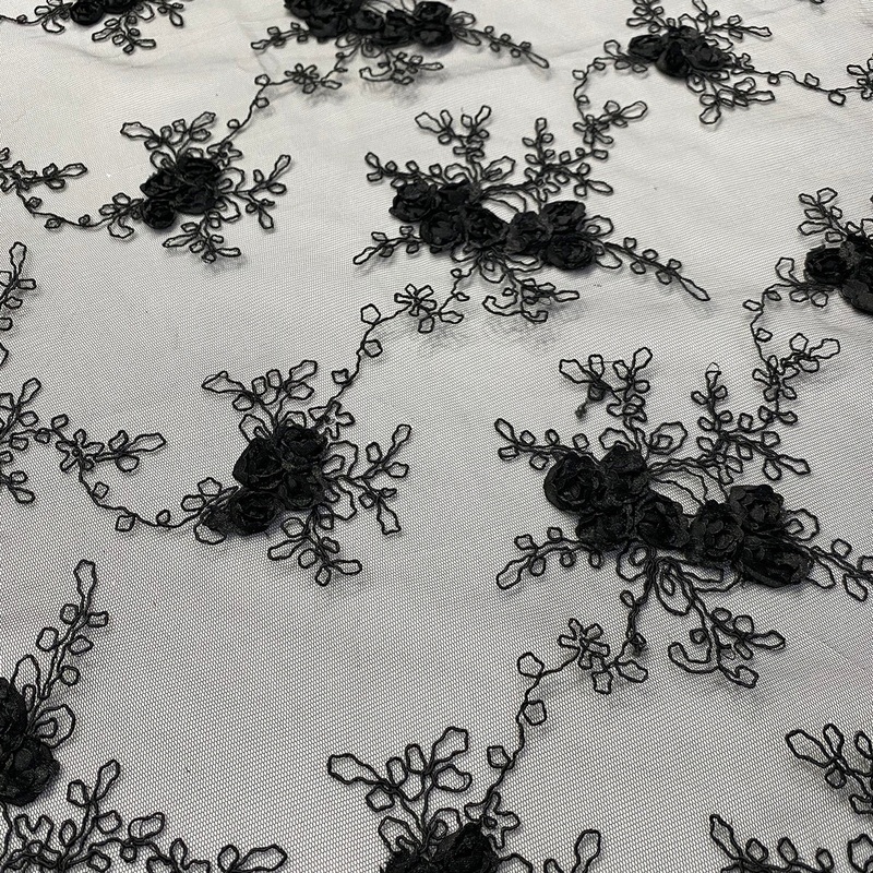 Baby Rose Embroidery Wholesale Fabric in Black