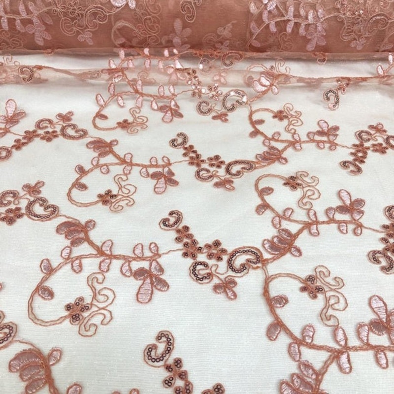 Basil Leaf Embroidery Wholesale Fabric in Coral