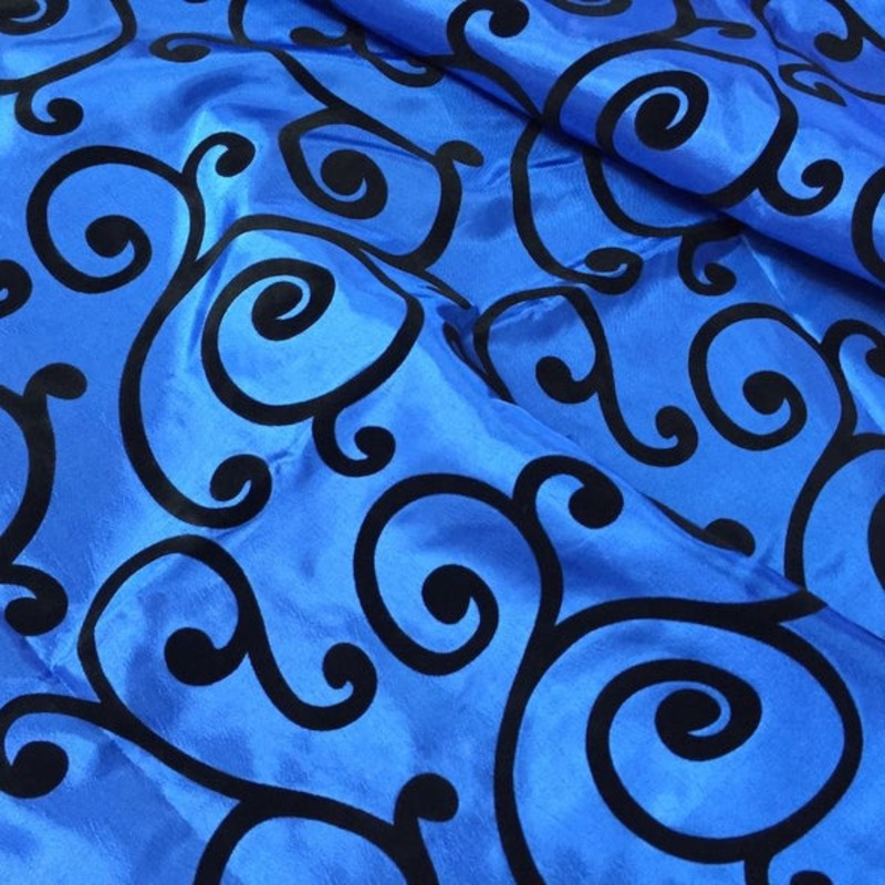 Swirl Flocking Taffeta Wholesale Fabric in  Black on Royal