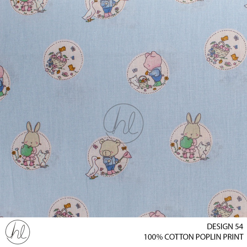 100% PRINTED COTTON POPLIN PER M DESIGN 54 BABY BLUE 150CM WIDE