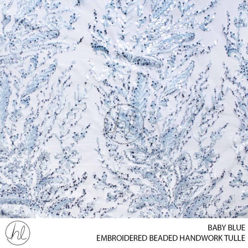 EMBROIDERED BEADED HANDWORK TULLE 55 BABY BLUE 140CM PER M