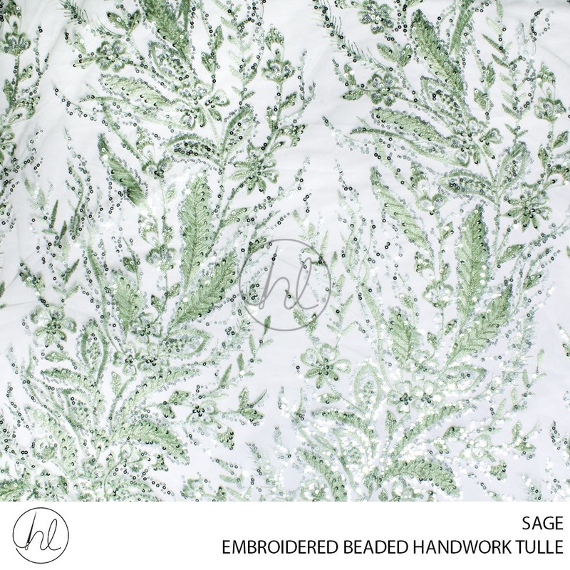 EMBROIDERED BEADED HANDWORK TULLE 55 SAGE  140CM PER M