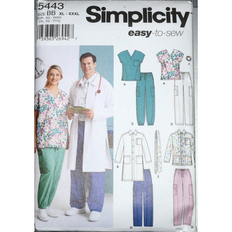 New Simplicity 5443 Unisex Mens Misses Scrubs Sewing Pattern Uncut Size XL-XXXL