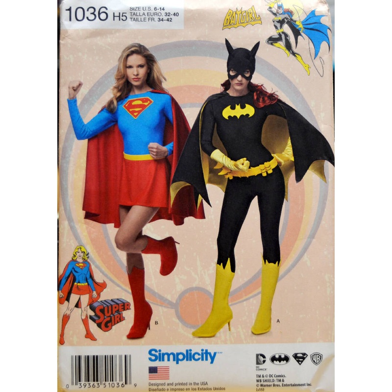 Simplicity 1036 Sizes 6-14 Supergirl & Batgirl Costume Sewing Pattern DC Comics