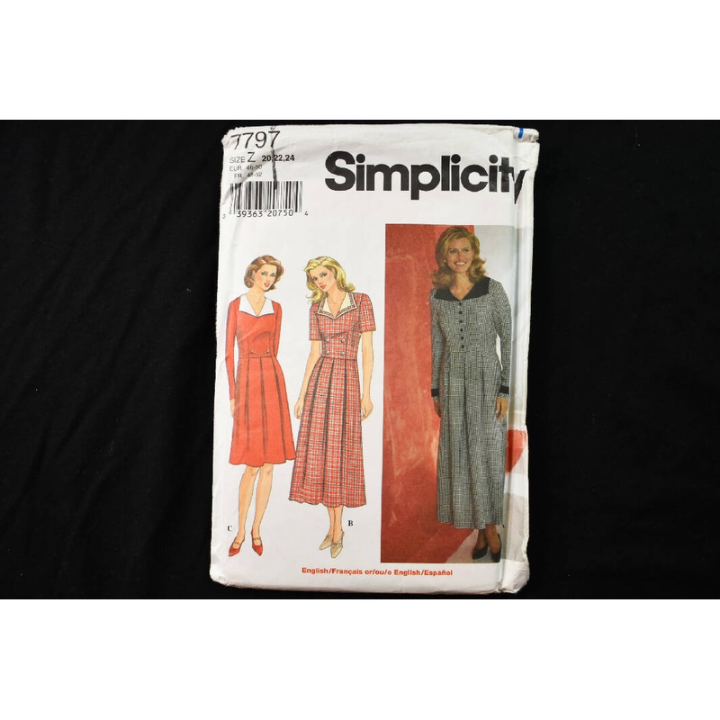 Vintage 1990 Simplicity 7797 Sewing Pattern - Sizes 20 - Miss Petite Dress - Pleated, V-Neckline