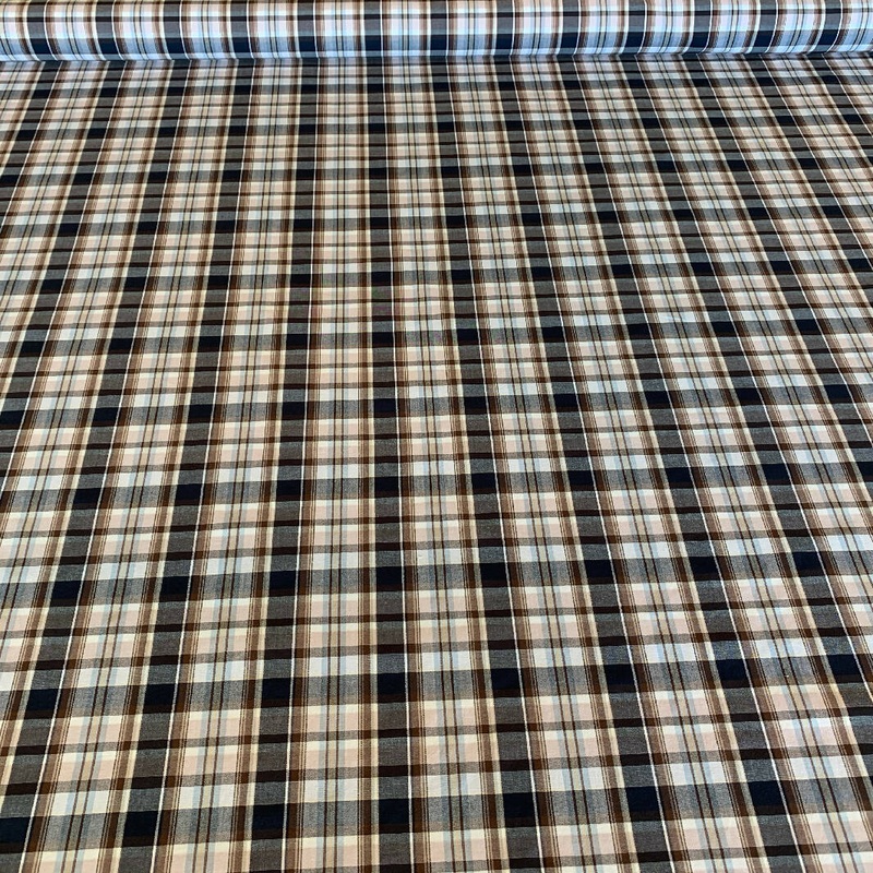 Blue, Brown, White, Tan and Yellow Plaid Cotton and Synthetic - Yardage