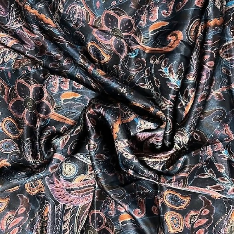 Dark Navy Paisley Silk Charmeuse - 3/4 Yd