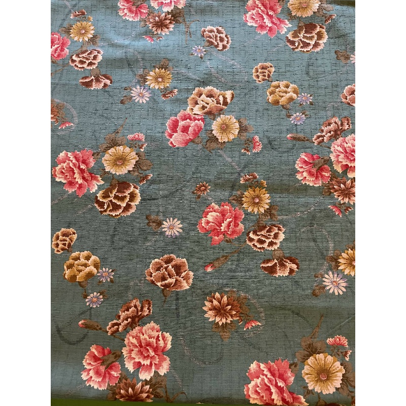 Japan Cotton, teal with rose, brown, blue cream flowers - 2.75 yards