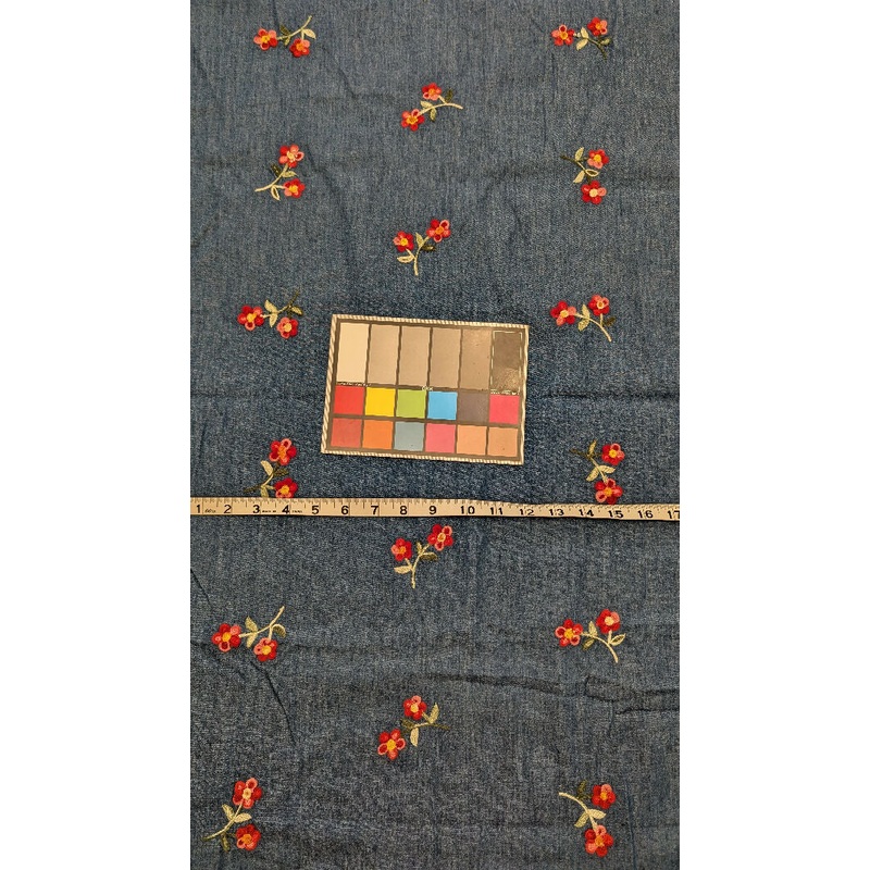 Medium Blue Floral Embroidered Chambray Woven Fabric REMNANT 61"W - 1 yd+