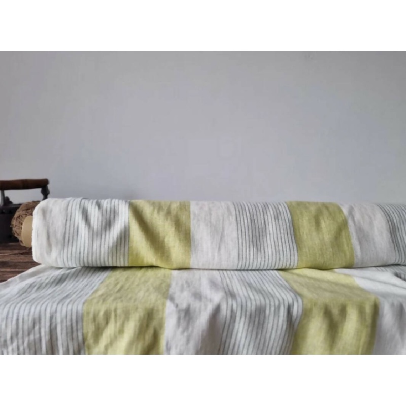 Milk white with chartreuse stripes linen fabric - 2 yards