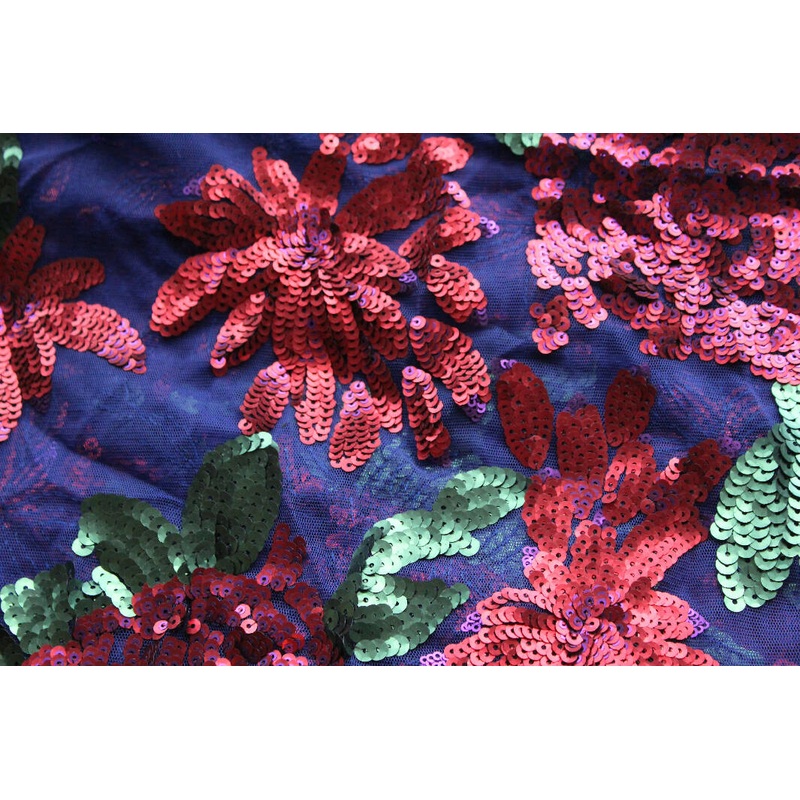 Sequin Red Roses on Blue Mesh