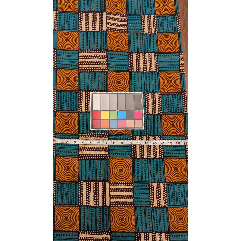 Teal/Orange/Brown/Tan African Wax Print Woven Fabric 42"W - 3 3/4 yds+