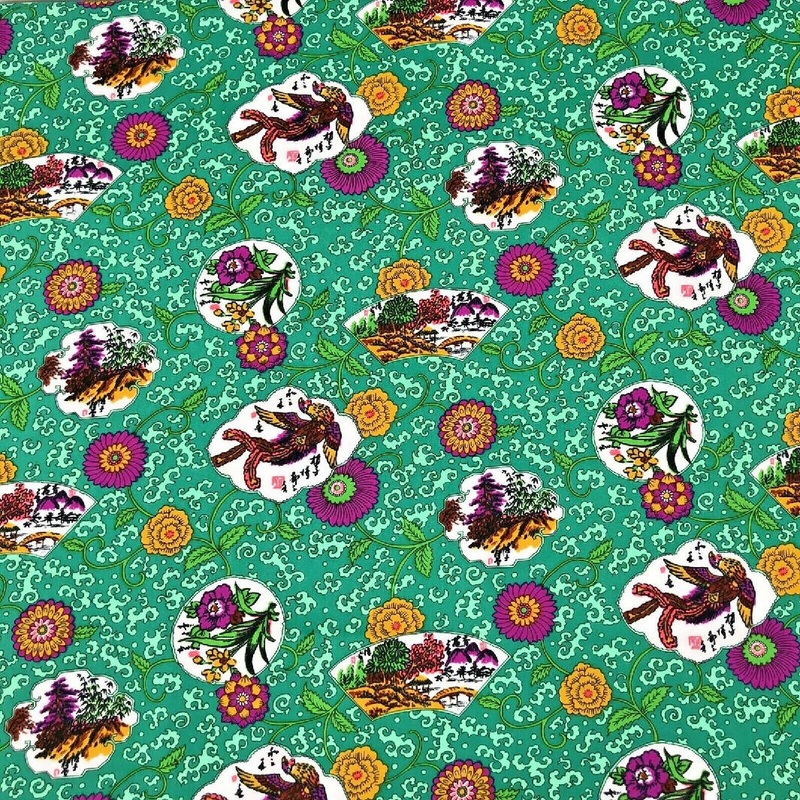 Vintage 70s Jade Emerald Green Asian Vignette Floral Polyester Fabric 64" wide