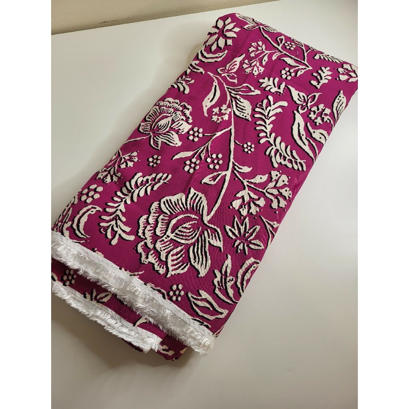 Magenta floral print rayon poplin/challis fabric, Magenta/black/cream